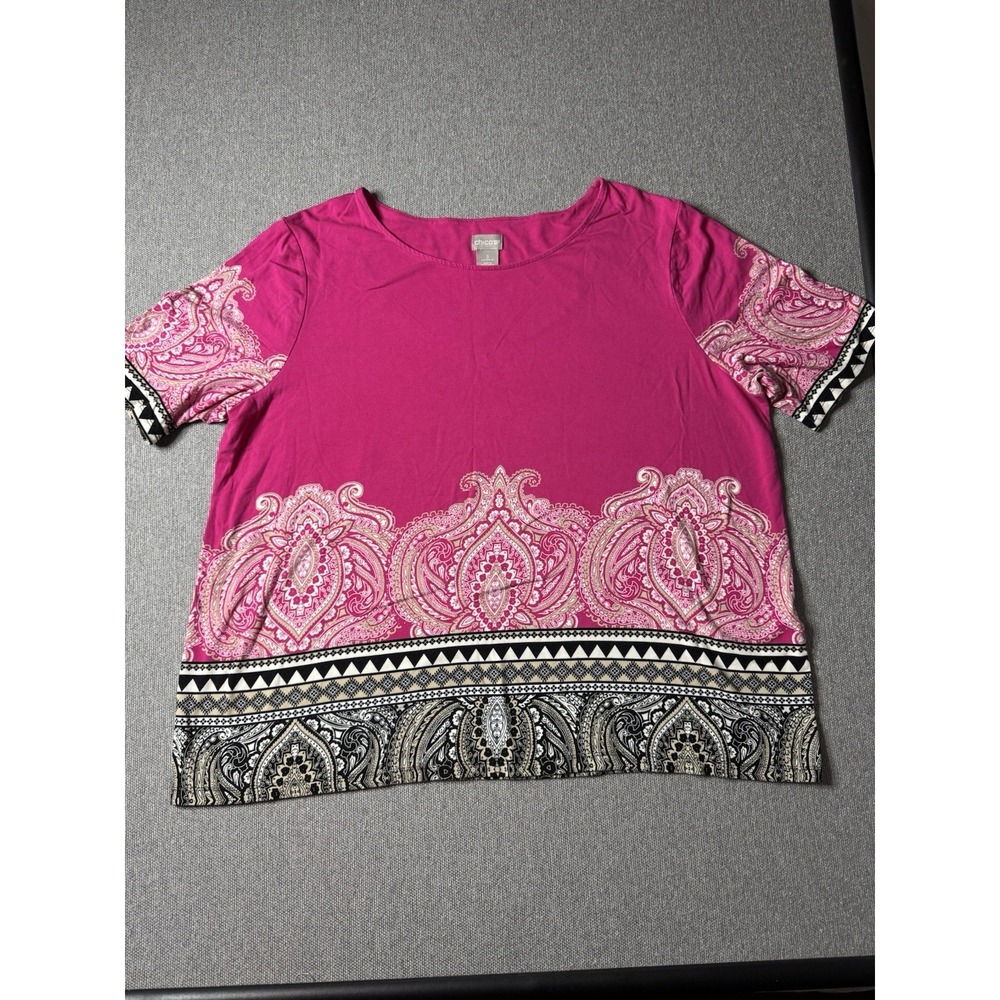 Chico's Women's Pink, Black, Paisley Short Sleeve Shirt Size Chicos 3, US XL